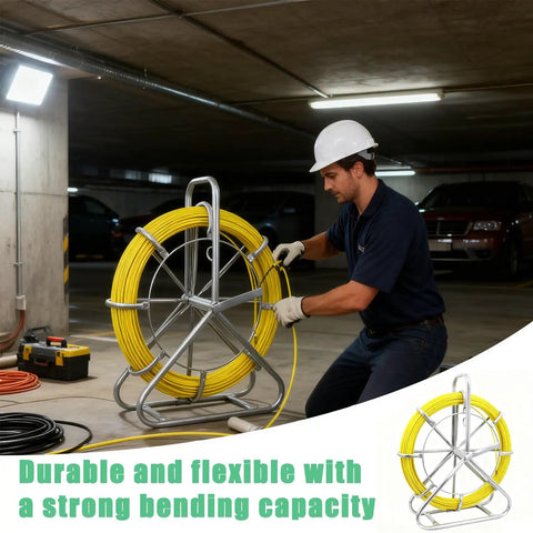 6mm By 500ft Fiberglass Duct Rodder For Conduit Installations in use with steel reel stand in a parking garage