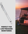 Pencil Tire Pressure Gauge 2 To 20 PSI With Built In Deflator Heavy Duty Stainless Steel Single Head Air Chuck beside golf cart