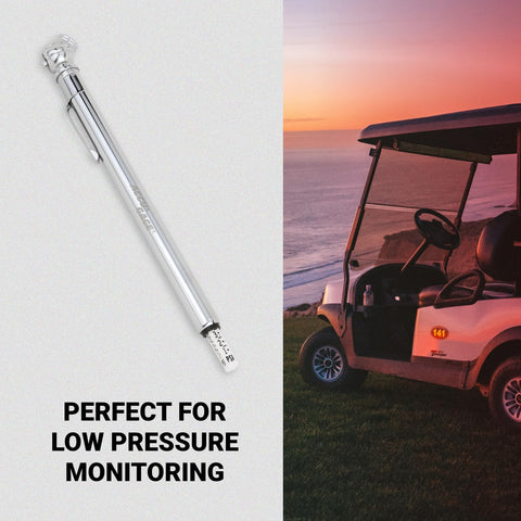 Pencil Tire Pressure Gauge 2 To 20 PSI With Built In Deflator Heavy Duty Stainless Steel Single Head Air Chuck beside golf cart