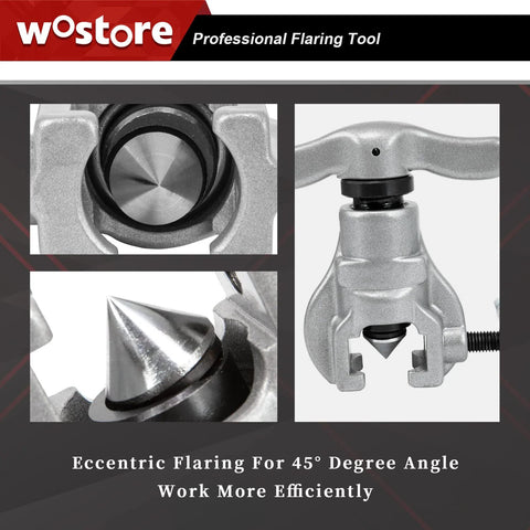 Wostore eccentric flaring tool set collage; 7 dies (3/16-3/4 in) and tube cutter for HVAC, 45-degree flare