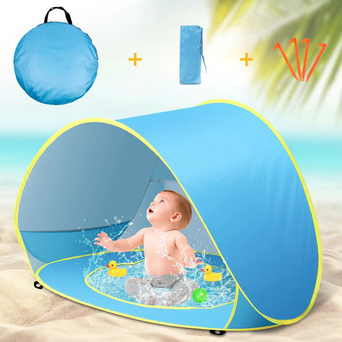 Two In One Beach Tent With Pool For Infants And Toddlers, Pop Up Sun Shelter With UPF 50 Plus UV Protection, baby playing in pool