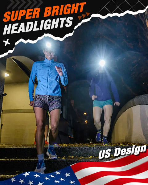 People running at night wearing two pack LED headlamp with 1100 lumen beast bright light and four mode settings IPX5 waterproof head light with red and white beam for running fishing hiking camping and outdoor adventures for adults and kids.