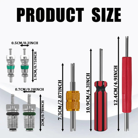 Schrader Valve Core Removal Tool Set 39 Pieces With Single And Dual Heads, showing product sizes in inches and centimeters.