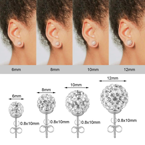 Silver Disco Ball Earrings For Women, Cubic Zirconia Crystal Studs, 6mm size on ear, stainless steel