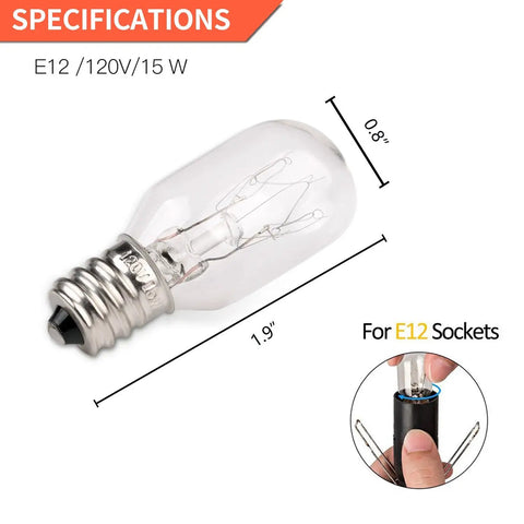 Replacement 15 Watt Dimmable E12 Salt Lamp Bulb Warm White 1.9 Inch Fit For Himalayan Salt Lamps And Candle Warmers With Long Lasting Performance Value Pack Of 12 shown with specifications.