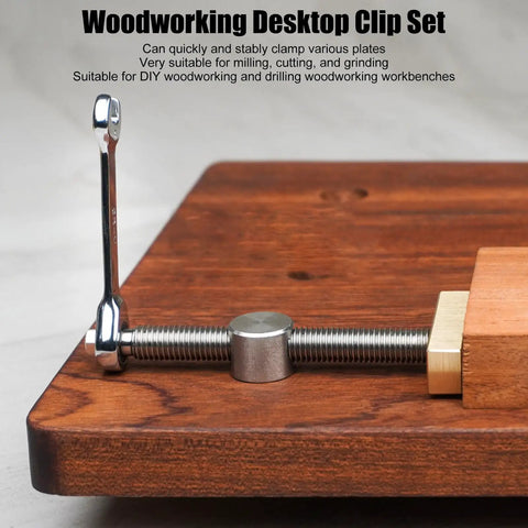 19mm Woodworking Desktop Clamp Set With Stainless Steel Brass Stop Bench Dogs And 2 Ratchet Wrenches in use on workbench