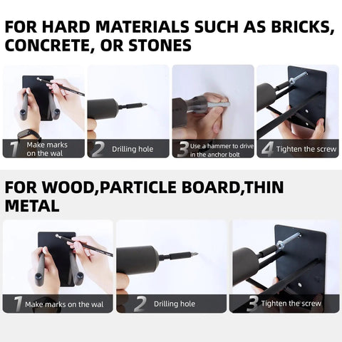 Installation steps for 14 Inch BeefedUp Heavy Duty Garage Hooks with Support Rods on various materials.