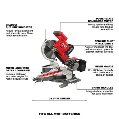 Top Tier Dual Bevel Sliding Compound Miter Saw With Brushless Powerplant Ten Inch Cutting Capacity Extra Run Time Side Carry Handles features shadow cut line indicator.