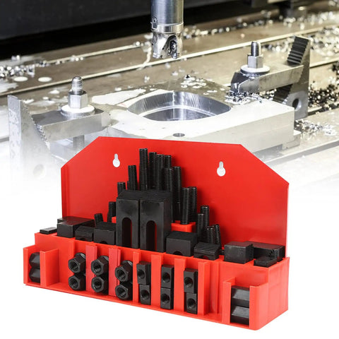 Heavy Duty M12 T Slot Clamp Kit Hold Down Clamp Set for lathe milling machines with assortment of clamps and bolts on rack