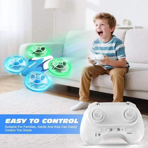 Child using a remote to control Kids Drone for Beginners with LED Light Show and Safe Propeller Guards, indoor setting