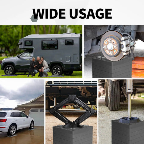 Rock Solid Interlocking RV Leveling Blocks 12 Pack Adjustable Stackable Wheel Supports For Campers Travel Trailers Fifth Wheel No Sweat Setup Top Shelf Grey used under RVs and cars in various settings.