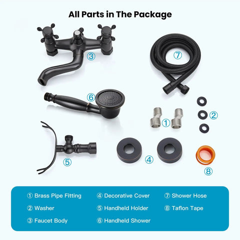 Oil Rubbed Bronze Wall Mount Clawfoot Bathtub Faucet With Handheld Sprayer, 360 Degree Swivel Spout set with parts displayed