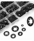 460 Piece Internal Tooth Star Lock Washer Assortment With 9 Sizes Spring Steel Anti Loosening Quick Lock Hardware Kit in storage case.