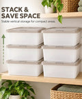 Crushing Clutter Game Changer Heavy Duty Plastic Storage Totes With Secure Snap On Lids 6 Pack stacked on a shelf for space saving.
