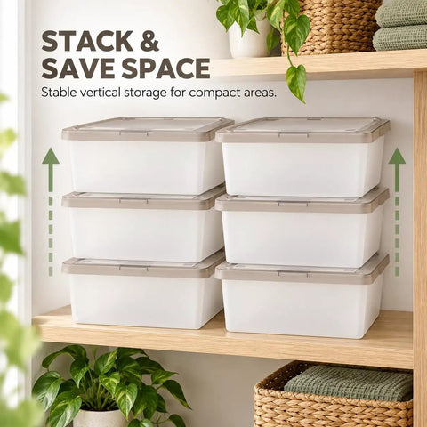 Crushing Clutter Game Changer Heavy Duty Plastic Storage Totes With Secure Snap On Lids 6 Pack stacked on a shelf for space saving.