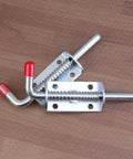 Spring Pin Latch Lock 2pcs for Utility Trailer Gate, Silver, showing two spring-loaded latch locks with red tips.