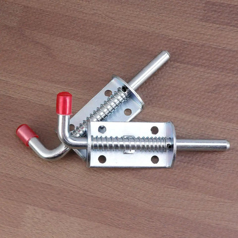 Spring Pin Latch Lock 2pcs for Utility Trailer Gate, Silver, showing two spring-loaded latch locks with red tips.