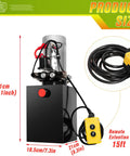 Front view of a 12V Hydraulic Pump For Dump Trailers And Car Lifting, Double Acting Electric Power Unit with 8-Quart Capacity, shown with dimensions and 15ft remote cable.
