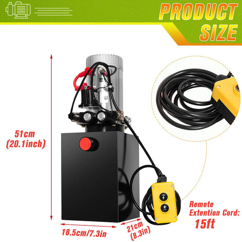 Front view of a 12V Hydraulic Pump For Dump Trailers And Car Lifting, Double Acting Electric Power Unit with 8-Quart Capacity, shown with dimensions and 15ft remote cable.