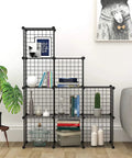 9 Cube Wire Storage Organizer With Metal Grid Panels, Modular Bookshelf And Closet Cabinet Black Finish, in living room setting