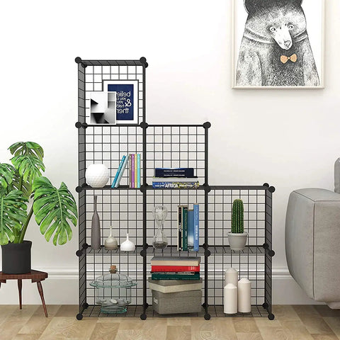 9 Cube Wire Storage Organizer With Metal Grid Panels, Modular Bookshelf And Closet Cabinet Black Finish, in living room setting