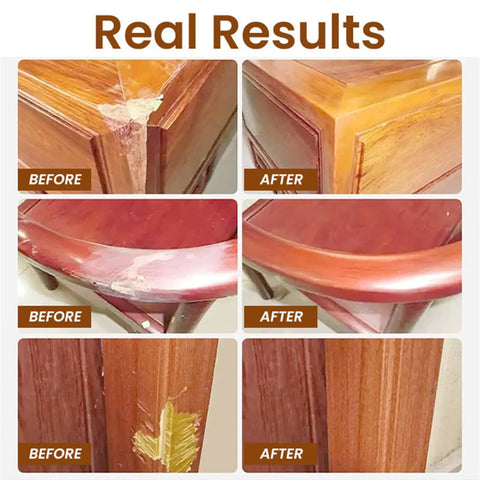 "Super Easy Wood Repair Kit For Furniture And Floors No Sanding Scratch Remover That Erases Nicks And Dents In Seconds Blends Like New And Looks Pro Grade Finish Two Pack" showing before and after results on wooden surfaces.