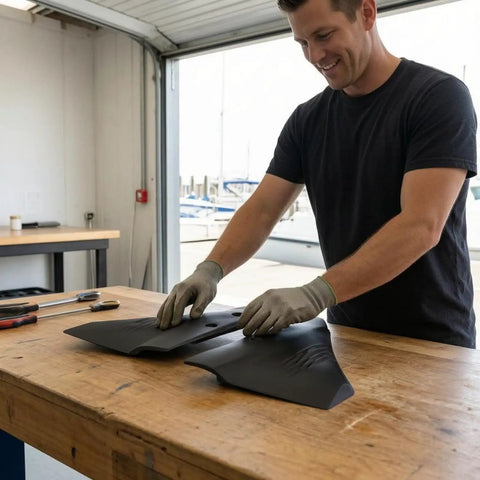 Man inspecting an Outboard Hydrofoil Stabilizer Fin with ribbed design on workshop table, mounting holes visible.