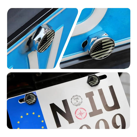 4 Piece Patriotic American Flag License Plate Bolt Kit With Hex Nuts Anti Rust Theft Resistant Frame Fasteners on blue vehicle