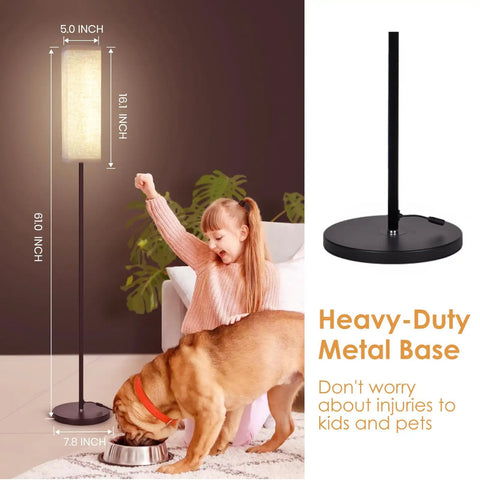 Modern Floor Lamp With Remote Control in room with child and dog, highlighting heavy-duty metal base, 61 inch tall, 18.1 inch light bar.