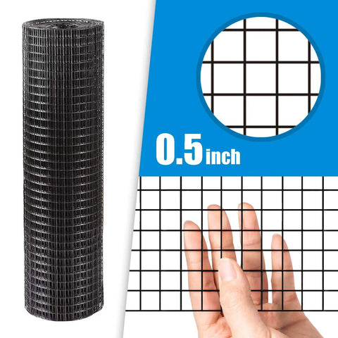 Top Shelf Vinyl Coated Hardware Cloth 16 Gauge Galvanized Steel With Half Inch Black Square Mesh Welded Yard Fence showing 0.5 inch squares.