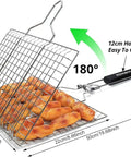 Folding Stainless Steel Fish Grill Basket For Outdoor BBQ with removable handle grilling chicken pieces, dimensions shown.