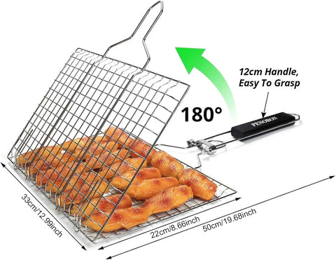 Folding Stainless Steel Fish Grill Basket For Outdoor BBQ with removable handle grilling chicken pieces, dimensions shown.
