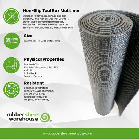 Industrial Grade Tool Box Mat PVC Work Surface Protector With Textured Anti Slip Grip Cut To Fit 16 Inch Wide By 6 Feet Long Garage And Shop Mat Durable Tool Tray Pad For Preventing Slips And Scratches, rolled black mat