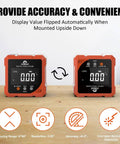 Pro Grade Digital Angle Finder With Laser Four Side Magnetic Digital Angle Gauge with backlit display on wooden table