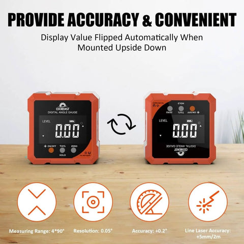 Pro Grade Digital Angle Finder With Laser Four Side Magnetic Digital Angle Gauge with backlit display on wooden table