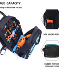 Super Tough Rugged Heavy Duty Tool Bag Backpack For Men with 49 pockets, open to show tools, side Velcro pocket, and rubber feet.