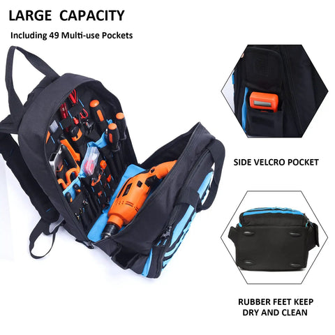 Super Tough Rugged Heavy Duty Tool Bag Backpack For Men with 49 pockets, open to show tools, side Velcro pocket, and rubber feet.