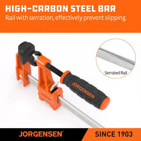 6 Inch Bar Clamp Set 4 Pack Steel F Clamp Light Duty 300 Lbs Load Capacity for Woodworking Metalworking and DIY Projects Grip Tight Hold Strong Bond Right Every Time high-carbon steel bar with serrated rail detail