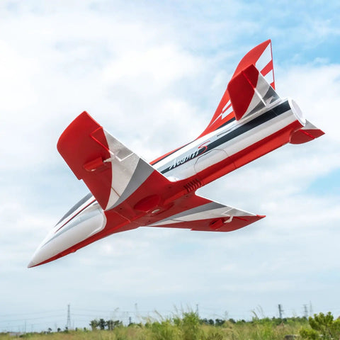 Red 50mm EDF Jet RC Plane for Adults, 4 Channel Remote Control Airplane with Vector Flight Stabilization System, flying outdoors