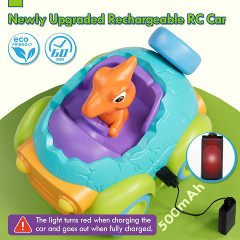 Rechargeable Dino RC Car For Toddlers with orange dino figure and USB charging cable for ages 2 3 4 years old