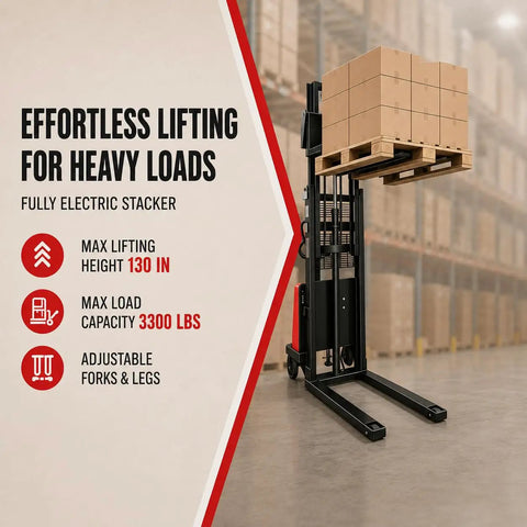 3300 LB Capacity Semi Electric Stacker And Compact Pallet Jack That Slips Into Tight Warehouse Spaces Like A Dream with boxes stacked