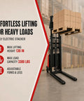 Heavy Duty Semi Electric Stacker Featuring A Killer 3300 Lbs Capacity Smooth Push Button Lift And Tough 48V Battery Pack Built For Daily Warehouse Hustle And Zero Sweat Loading - black electric stacker lifting pallet boxes in warehouse.