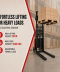 Heavy Duty Semi Electric Pallet Stacker With 3300 Lbs Capacity And 98.4 Inch Lift Plus Tight Squeeze Design for warehouse lifting.