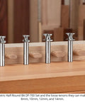 Top Shelf Half Round Router Bit Set Including 8 10 12 14 Mm Metric Heads And 1/2 Inch Shank With Two Flute Solid Carbide Construction For Killer Custom Loose Tenons Compatible With Festool Df700 Made In Usa displayed on a wooden surface.