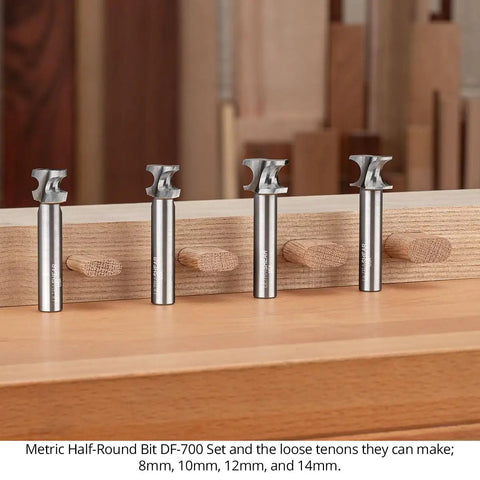 Top Shelf Half Round Router Bit Set Including 8 10 12 14 Mm Metric Heads And 1/2 Inch Shank With Two Flute Solid Carbide Construction For Killer Custom Loose Tenons Compatible With Festool Df700 Made In Usa displayed on a wooden surface.