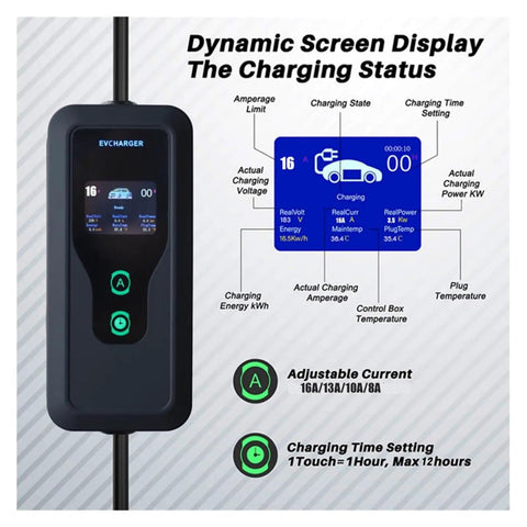 Dynamic screen display of Plug And Play Portable 3.5Kw 7Kw EV Charger Nacs Socket Evse Fast Charging Cable With Cee Plug IP67 Waterproof.