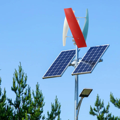 Portable 100W Wind Turbine Generator For Home Use No Battery 12V Vertical Wind Turbine with solar panel in outdoor setup