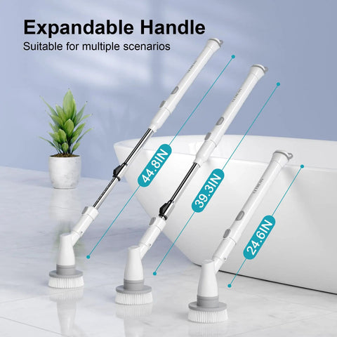 Cordless Spin Scrub Brush With 4 Replaceable Heads And Adjustable Extension Handle, demonstration of extendable handle.