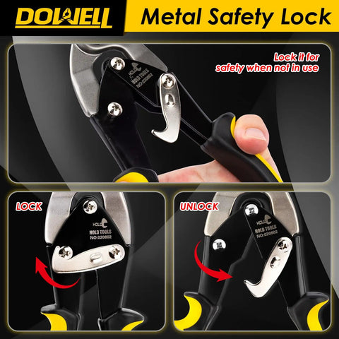 Heavy Duty 10 Inch Tin Snips For Metal Cutting With Chrome Vanadium Blades Left Handed Aviation Snips shown with safety lock feature.