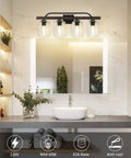 Farmhouse 4 Light Vanity Fixtures With Seeded Glass Shades above bathroom mirror, industrial wall sconces, E26 base visible